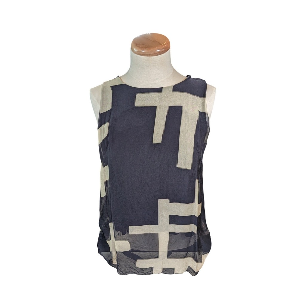 Tina Stephens Italy Silk Abstract Geometric Split Back Sleeveless Top Black